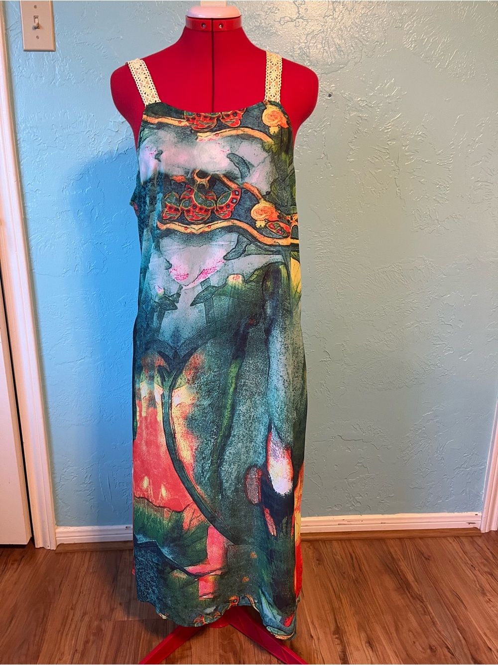 Abstract Multicolor Slip Dress with Lace Straps